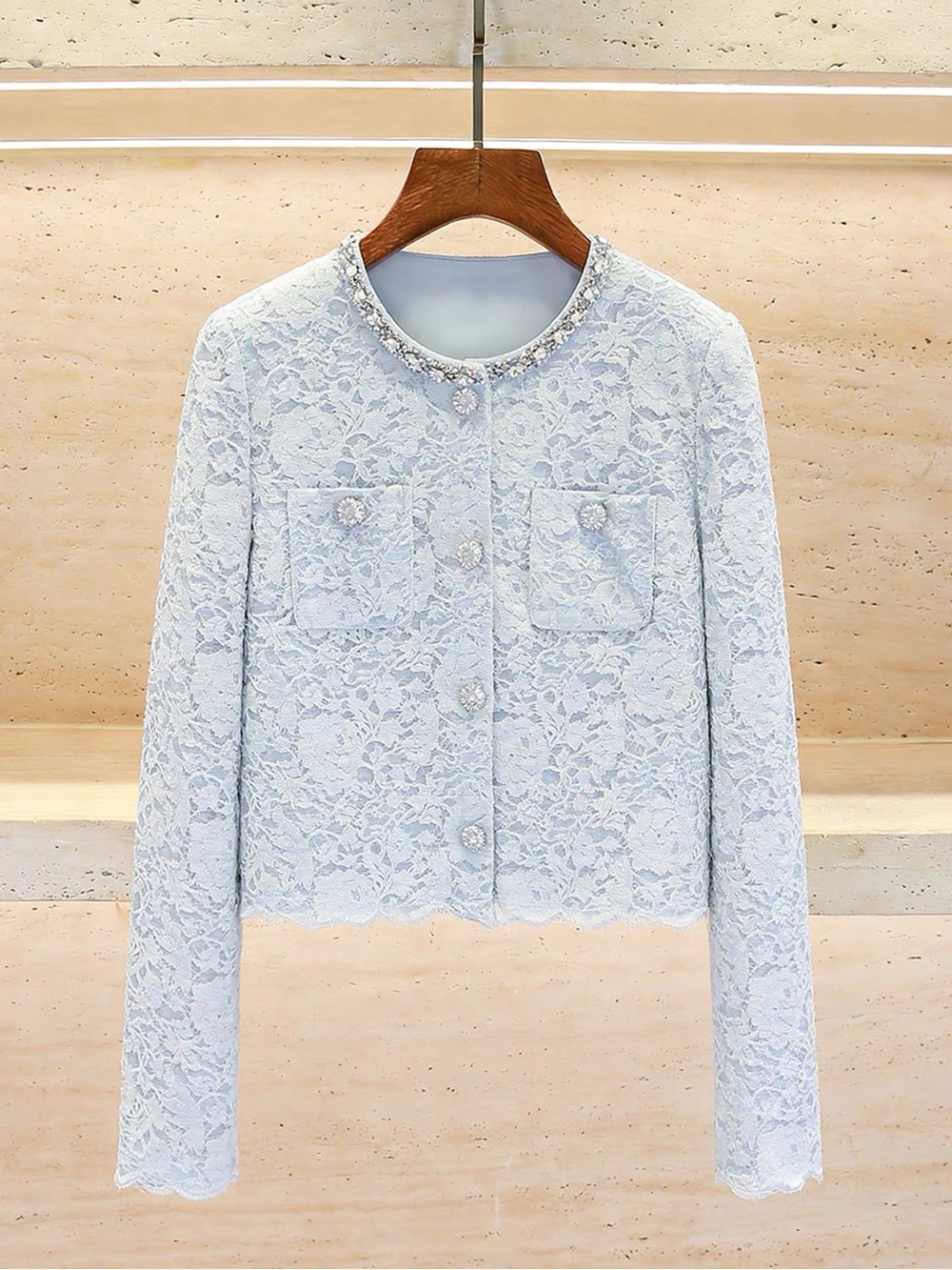 Self-portrait Elegant Women's Lace Cropped Jacket in Light Blue